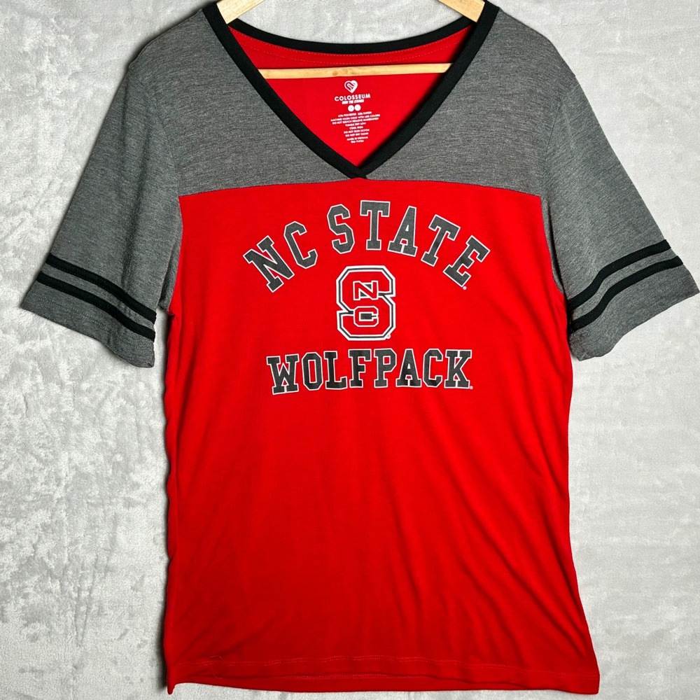 Colosseum NC State Wolfpack Womens XL Red Grey V-Neck Colorblock T-Shirt -0227